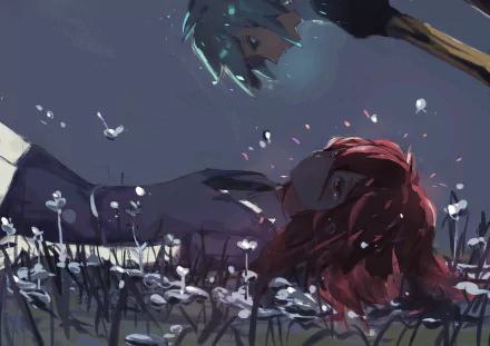 HD anime wallpaper featuring Phosphophyllite and Cinnabar from Land of the Lustrous in a serene, dark floral setting.