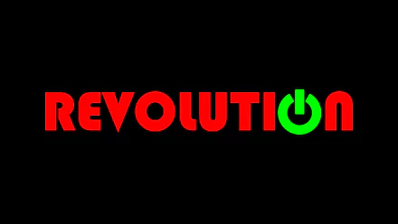 HD PC desktop wallpaper and background (Misc, word): black field with bold red text REVOLUTION, the second O replaced by a bright green power-on symbol.