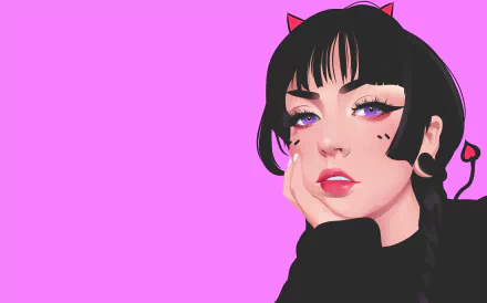 Artistic HD PC desktop wallpaper of a black‑haired woman with bangs and cat‑ear earbuds against a bright pink background, hand on cheek and stylized makeup.