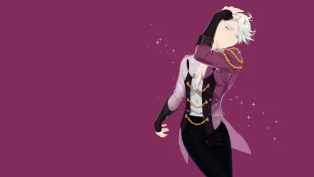 Victor Nikiforov from the anime Yuri!!! on ICE in a stylish pose against a purple background, presented in 4K Ultra HD for PC desktop wallpaper.