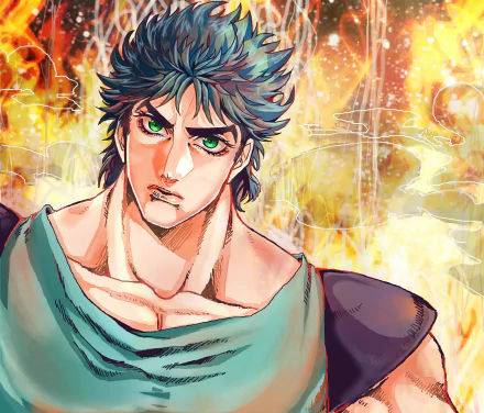 HD anime wallpaper featuring Jonathan Joestar from JoJo's Bizarre Adventure: Phantom Blood, with striking green eyes and black hair against a fiery background.