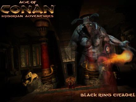 HD PC desktop wallpaper for the video game Age of Conan: Hyborian Adventures — a cloaked sorcerer hurls a fireball in a shadowy temple as a towering horned demon looms behind.