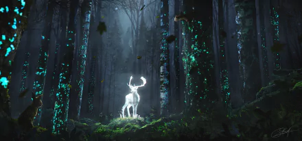 A glowing deer stands in a dark, mystical forest at night, surrounded by luminescent fireflies, captured in HD for a fantasy-themed PC desktop wallpaper.