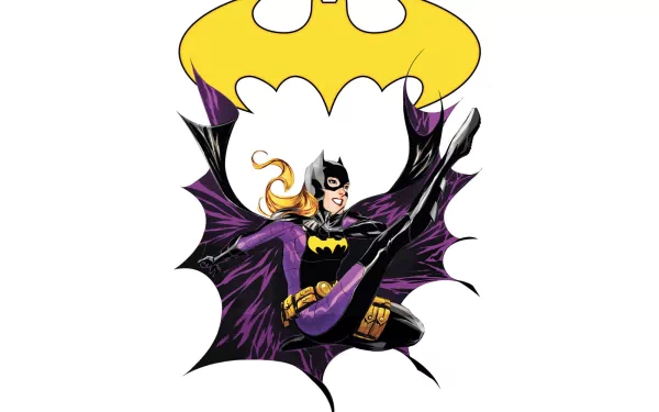 High-definition wallpaper featuring Stephanie Brown as Batgirl, showcasing her dynamic pose against a bold Bat-symbol background in a vibrant comic style.