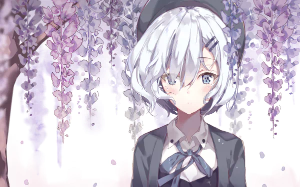 HD wallpaper of an anime girl with white hair and tears, wearing a hat, amid blossoming trees.