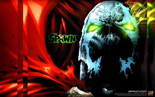 A striking HD wallpaper featuring Spawn, showcasing a dramatic skull with green eyes against a bold red background, emphasizing the comic's intense, dynamic style.
