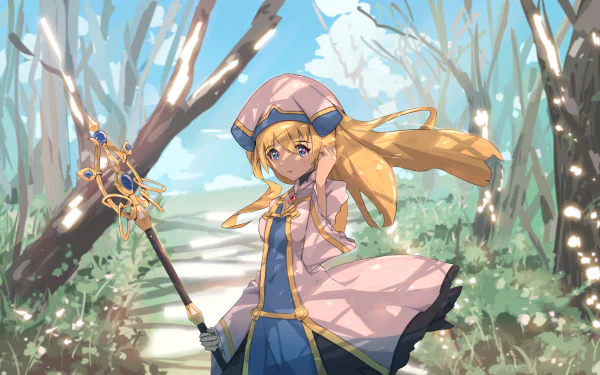 HD anime desktop wallpaper featuring Priestess from Goblin Slayer standing outdoors with a serene expression, holding her staff amid blooming trees and soft sunlight.