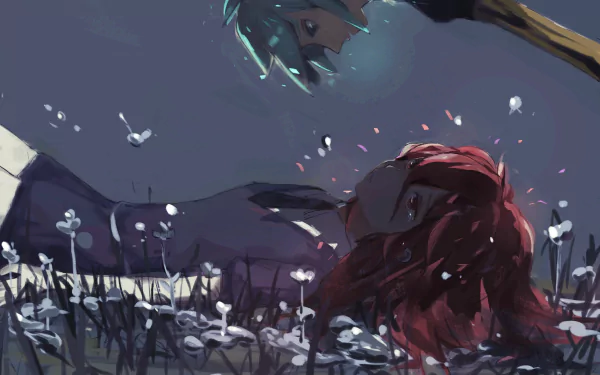 HD anime wallpaper featuring Phosphophyllite and Cinnabar from Land of the Lustrous in a serene, dark floral setting.