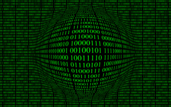 HD PC desktop wallpaper featuring a green binary code sphere set against a matrix-like technology-themed background.