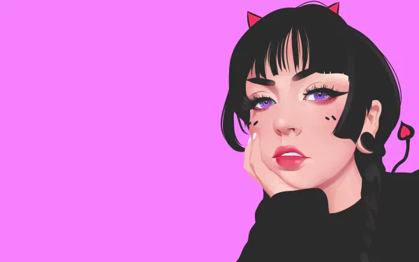 Artistic HD PC desktop wallpaper of a black‑haired woman with bangs and cat‑ear earbuds against a bright pink background, hand on cheek and stylized makeup.