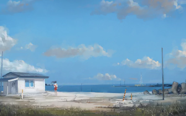 Artistic ocean scene 4K Ultra HD PC desktop wallpaper and background: a small seaside shack and lone figure on a concrete pier, gentle waves and distant ships beneath a bright blue sky.