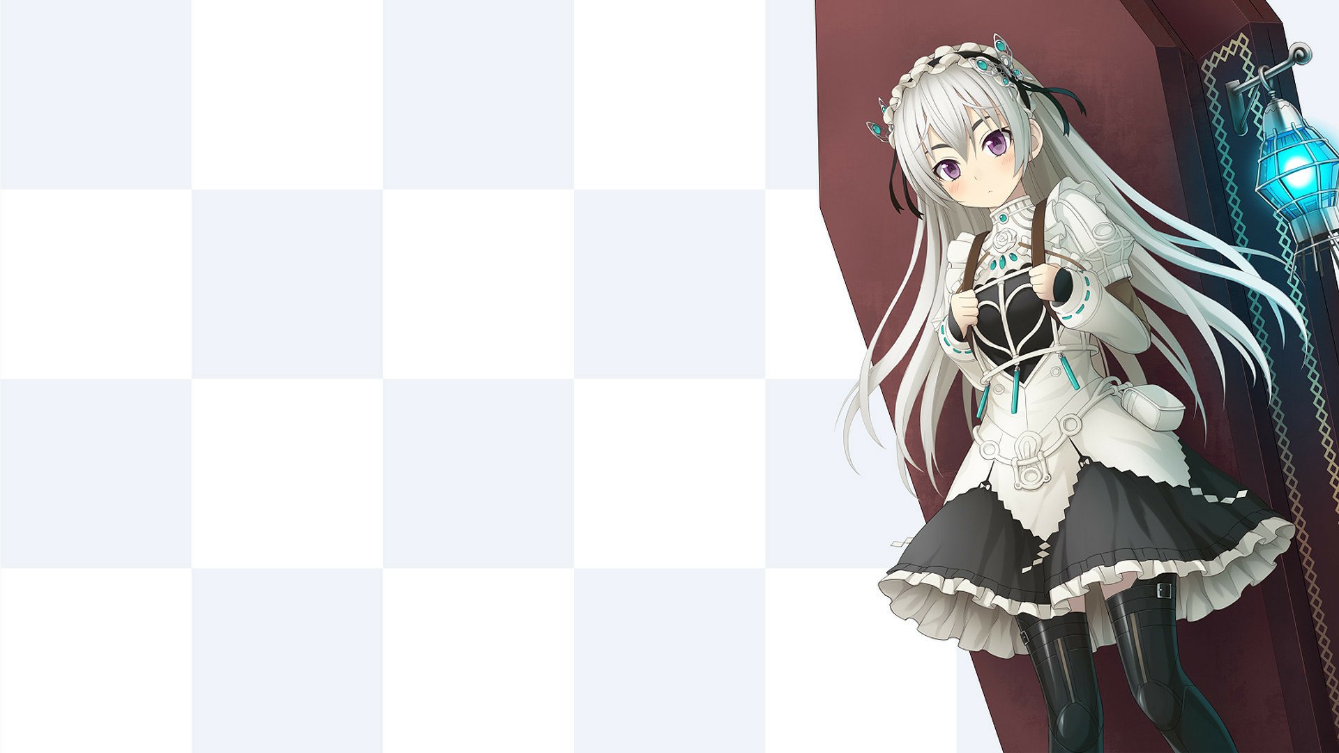 HD PC desktop wallpaper featuring a character from the anime Chaika -The Coffin Princess- with silver hair and a black and white outfit against a checkered background.