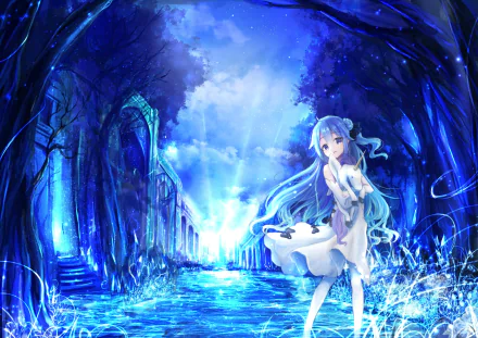 HD anime desktop wallpaper featuring Unicorn from Azur Lane standing in a glowing, mystical blue forest with ethereal light and ancient ruins.