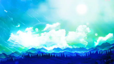 Anime landscape scenery featuring a forest and mountains under a bright, cloud-filled sky. The HD wallpaper depicts vibrant, colorful nature, blending serene wilderness with artistic style.
