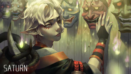 HD desktop wallpaper featuring an Onmyoji character with mystical masks and glowing orb, exuding an enigmatic charm.