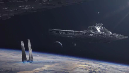HD desktop wallpaper featuring a Star Destroyer spaceship from Star Wars, set in space above a planet with moons visible in the background.