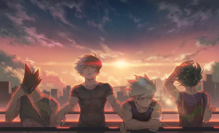 4K Ultra HD My Hero Academia wallpaper featuring Izuku Midoriya, Katsuki Bakugou, Shoto Todoroki, and Fumikage Tokoyami against a sunset cityscape background.