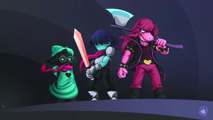 HD PC desktop wallpaper featuring Ralsei, Kris, and Susie from the video game Deltarune, depicted in dynamic poses with weapons against a dark background.