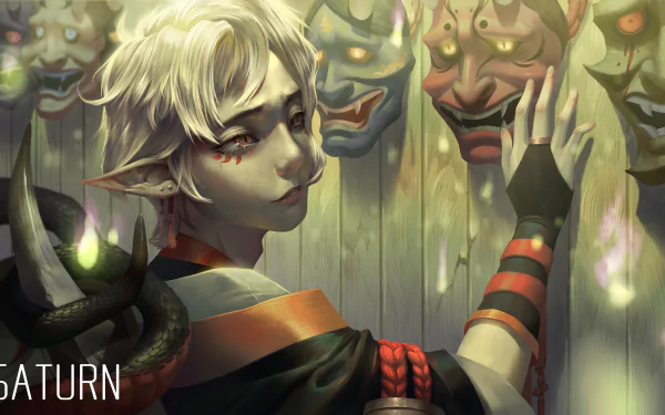 HD desktop wallpaper featuring an Onmyoji character with mystical masks and glowing orb, exuding an enigmatic charm.