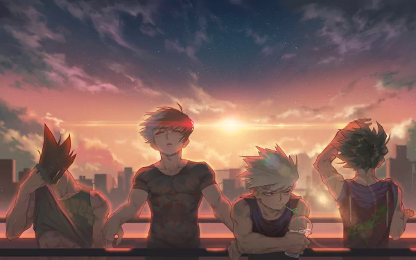 4K Ultra HD My Hero Academia wallpaper featuring Izuku Midoriya, Katsuki Bakugou, Shoto Todoroki, and Fumikage Tokoyami against a sunset cityscape background.