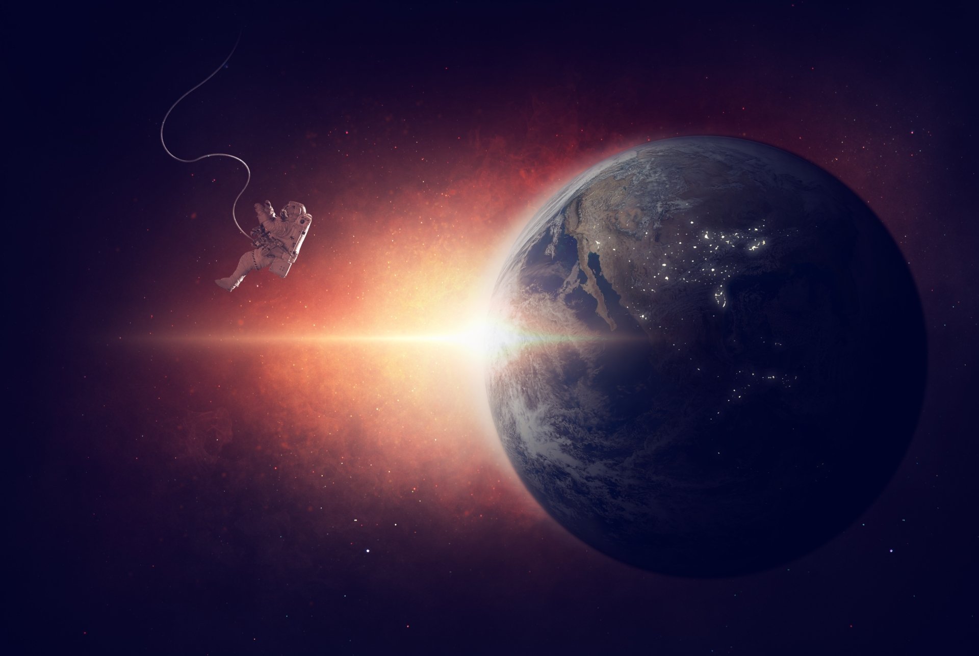5K Ultra HD PC desktop wallpaper: Sci‑Fi scene of an astronaut drifting in space beside a glowing planet with city lights, a bright solar flare casting an orange halo.