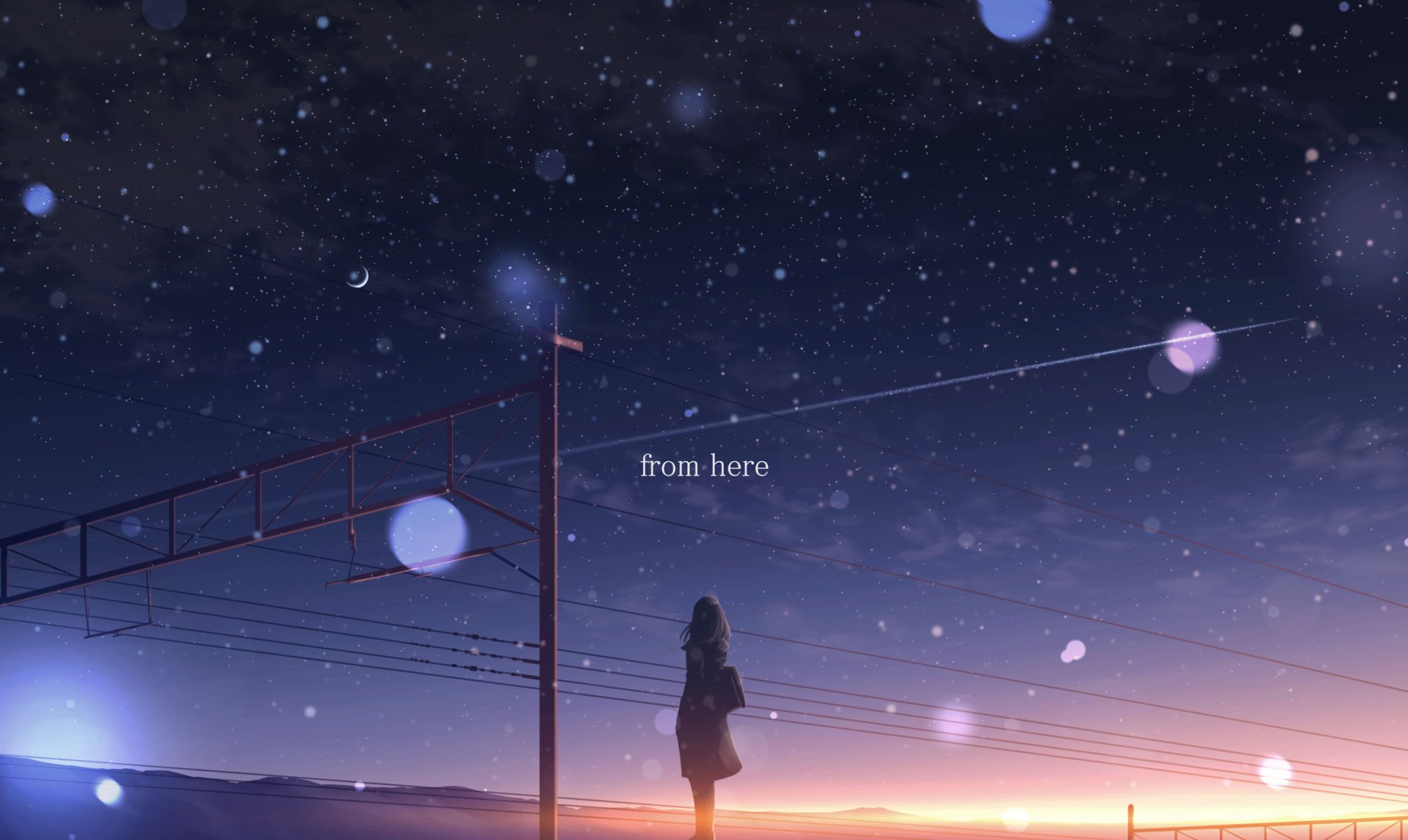 Anime original HD desktop wallpaper featuring a serene night sky with stars and snowflakes, and a silhouette of a person standing under a power line with the text 'from here'.