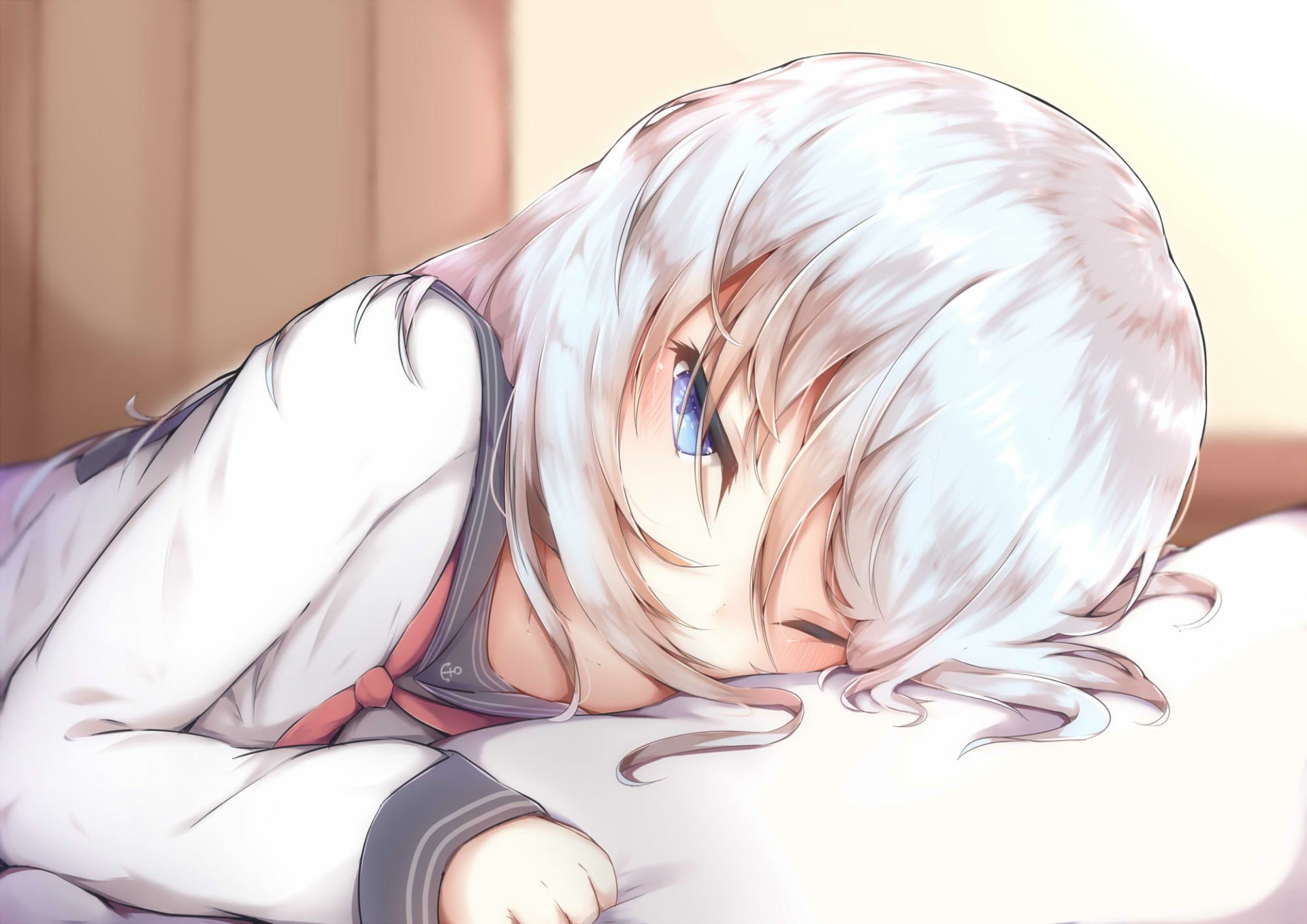 Hibiki (KanColle) from Kantai Collection — anime HD PC wallpaper showing her reclining on a pillow, winking with silver hair and a blue eye.