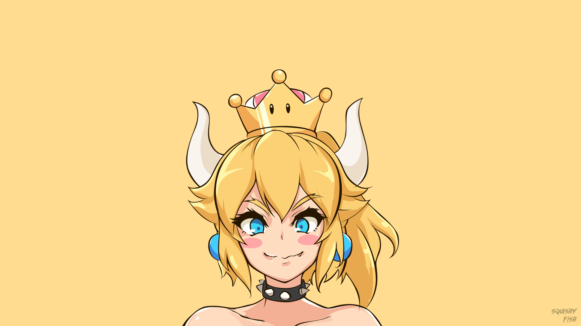 4K Ultra HD PC desktop wallpaper of Bowsette, video game fan character — close-up portrait with crown, horns, bright blue eyes and a playful smirk on a pale yellow background.