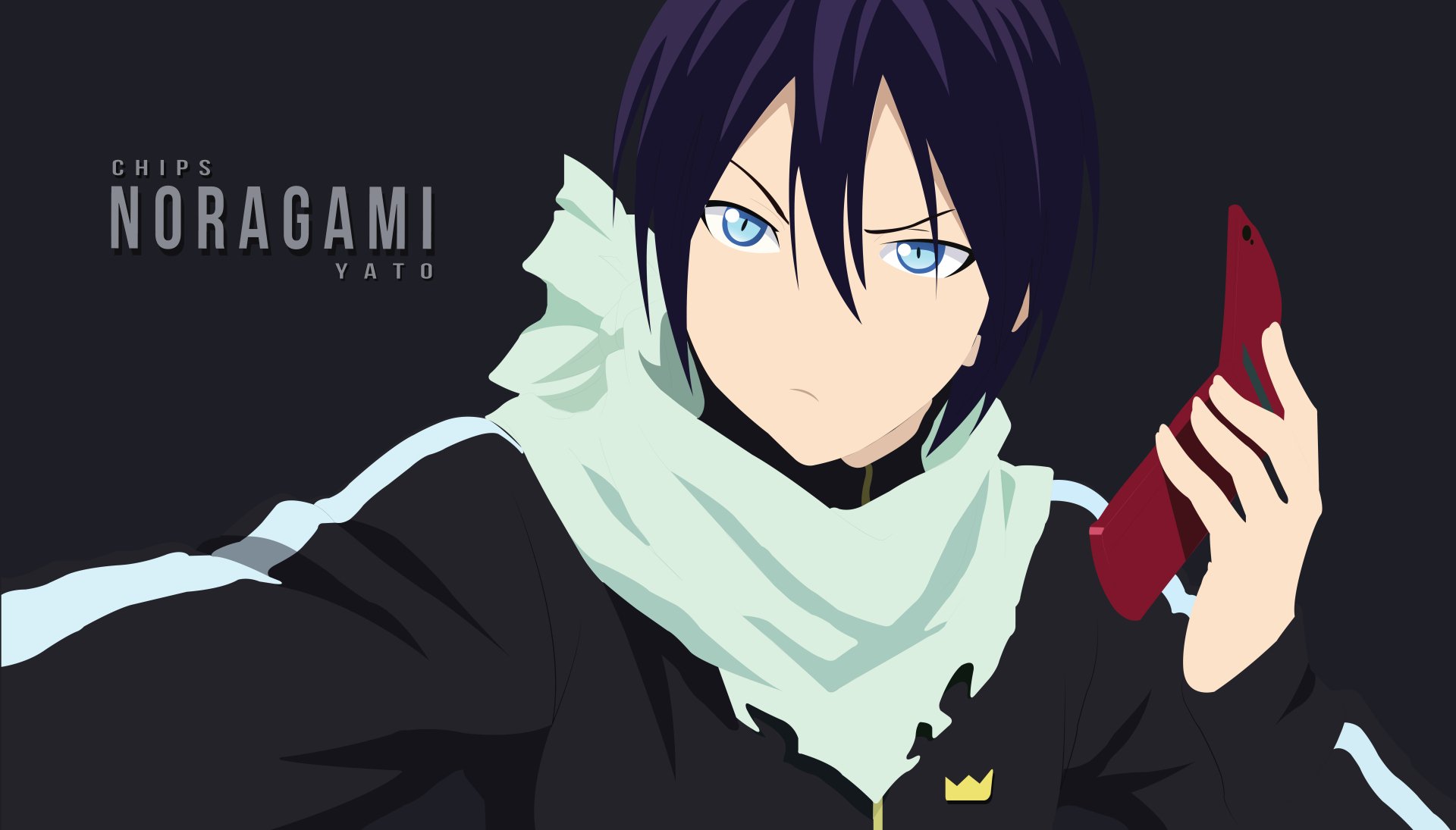Yato from Noragami in anime style, holding a red object, set against a dark background, rendered as an 8K Ultra HD PC desktop wallpaper and background.