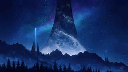HD desktop wallpaper of Halo Infinite, featuring a night sky with a towering Halo ring structure, distant trees, and futuristic architecture.
