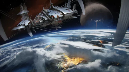 HD PC desktop wallpaper for the video game Endless Space 2: sleek starship and orbital structures hovering above a cloud-covered planet with glowing cities and a distant moon.