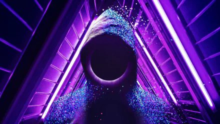 Abstract artistic image featuring a hooded figure with a dark void for a face, surrounded by vibrant purple and blue hues. A captivating HD desktop wallpaper background.