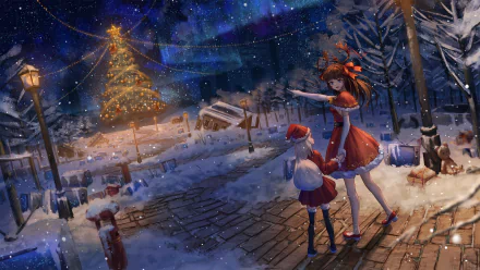 Anime-style night scene featuring two characters near a decorated Christmas tree with glowing lights and ornaments, set in a snowy festive landscape.