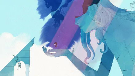 HD desktop wallpaper featuring the artistic illustration from the video game Gris, with a stylized female figure and colorful abstract elements.