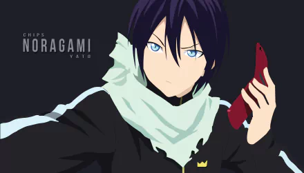 Yato from Noragami in anime style, holding a red object, set against a dark background, rendered as an 8K Ultra HD PC desktop wallpaper and background.