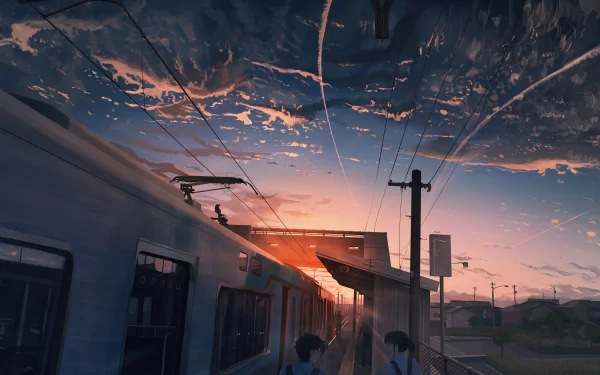 HD anime wallpaper featuring a train station at sunset with detailed sky and clouds. Two characters are seen at the platform, creating a serene and picturesque background.