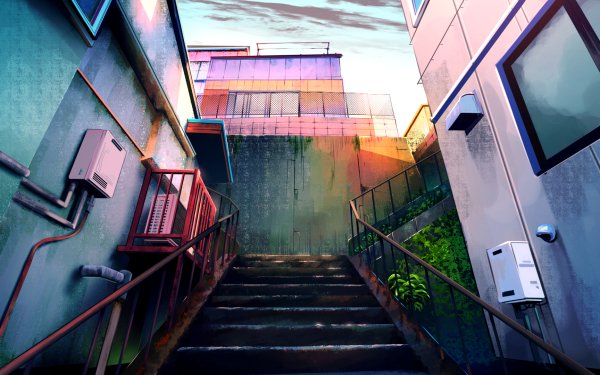 Anime Building Stairs HD Wallpaper | Background Image