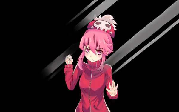 Nonon Jakuzure (Kill la Kill anime) centered on a black background with diagonal gray streaks, pink hair with skull hairpiece, wearing a red jacket — HD PC desktop wallpaper