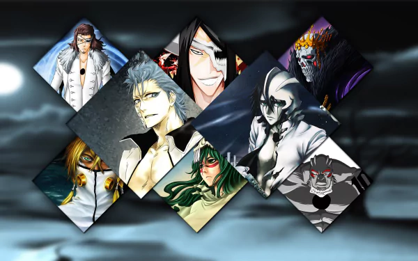 HD Bleach anime PC wallpaper featuring Arrancar Grimmjow Jaegerjaquez, Coyote Starrk, Barragan Luisenbarn, Ulquiorra Cifer, Nnoitra Gilga, Nelliel Tu Odelschwanck and Yammy Llargo.