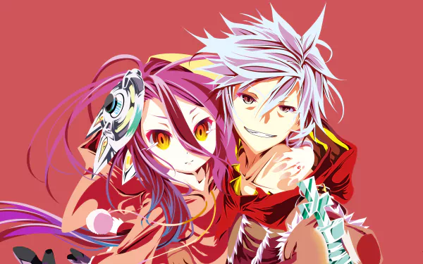 Shuvi Dola and Riku Dola from the anime No Game No Life featured in a vibrant 4K Ultra HD PC desktop wallpaper with a bold red background.