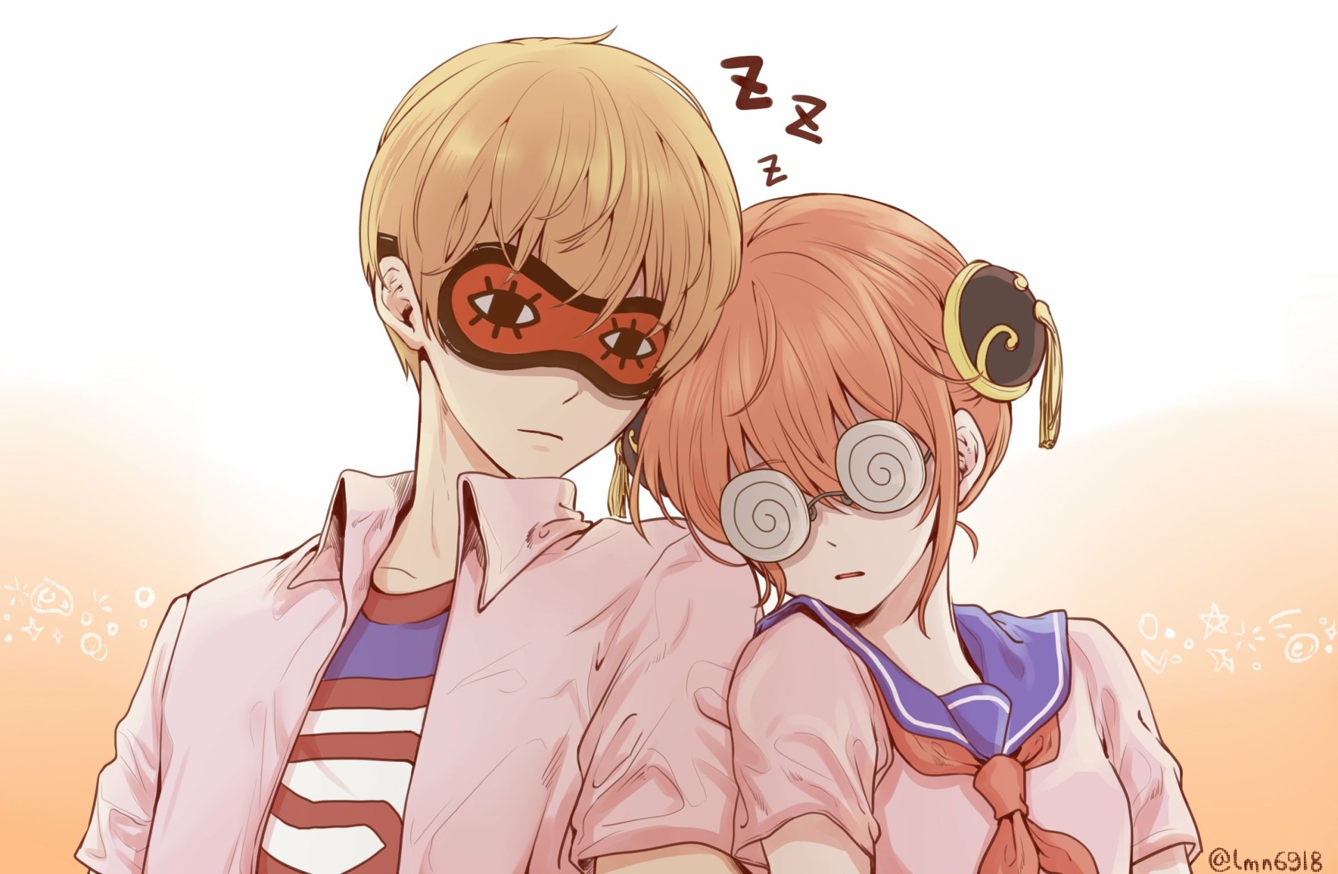 Okita Sougo and Kagura from Gintama are shown sleeping side by side, both wearing distinctive masks in this HD anime desktop wallpaper.