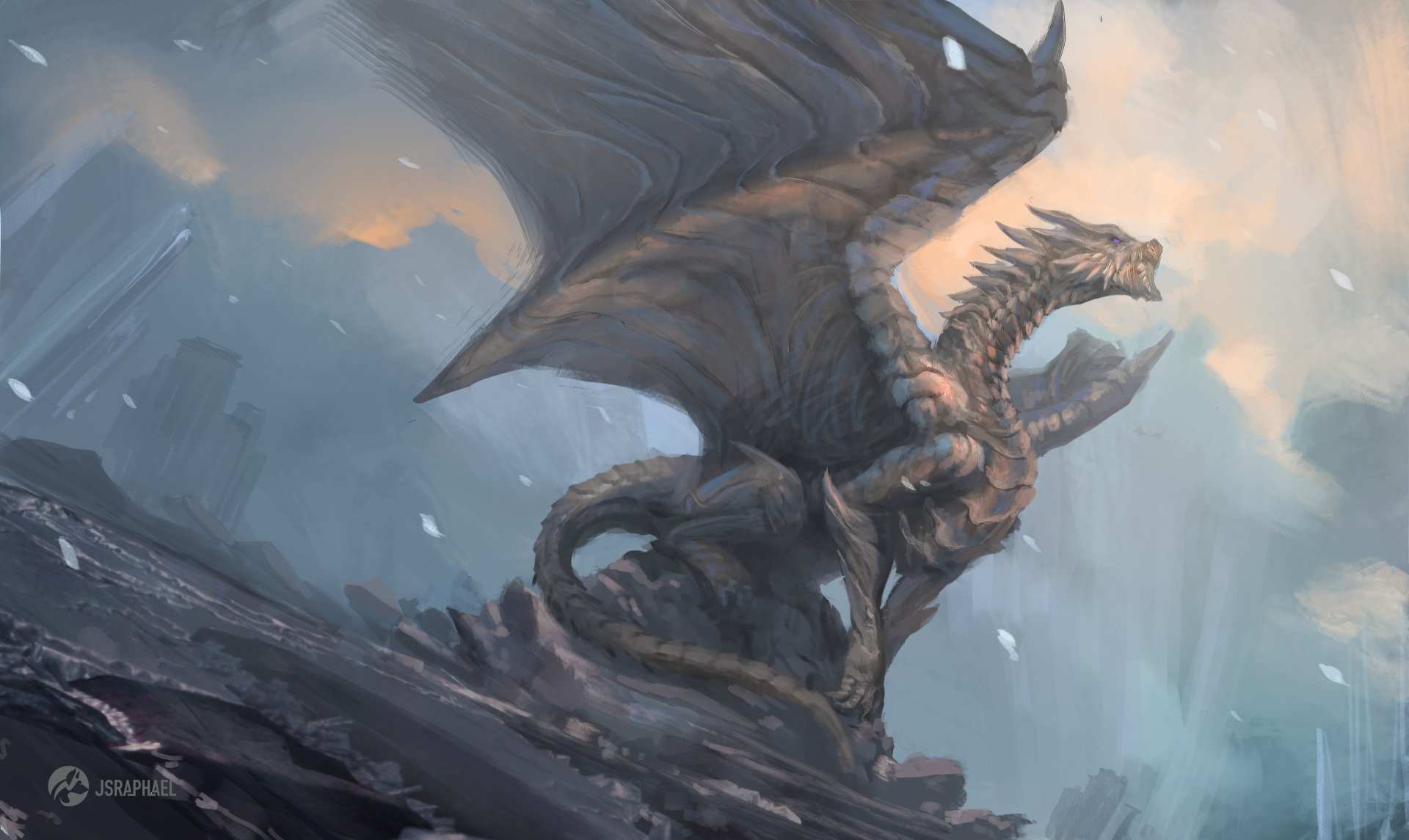 A majestic fantasy dragon perched on rocky terrain under a moody sky, rendered in stunning 4K Ultra HD for a vivid PC desktop wallpaper and background.