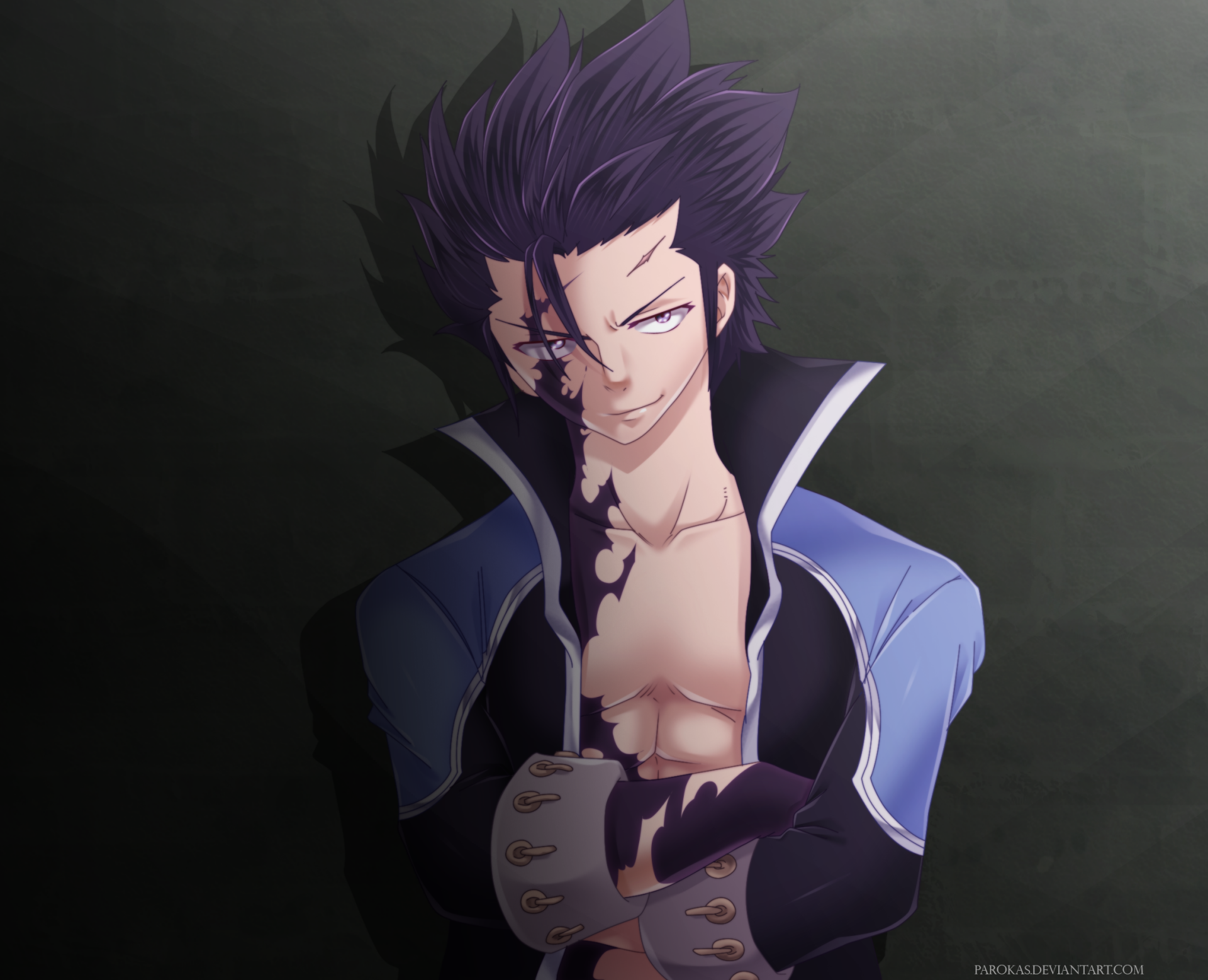 HD desktop wallpaper of Gray Fullbuster from the anime Fairy Tail, featuring him with a serious expression, dark attire, and magical markings across his body against a dark background.