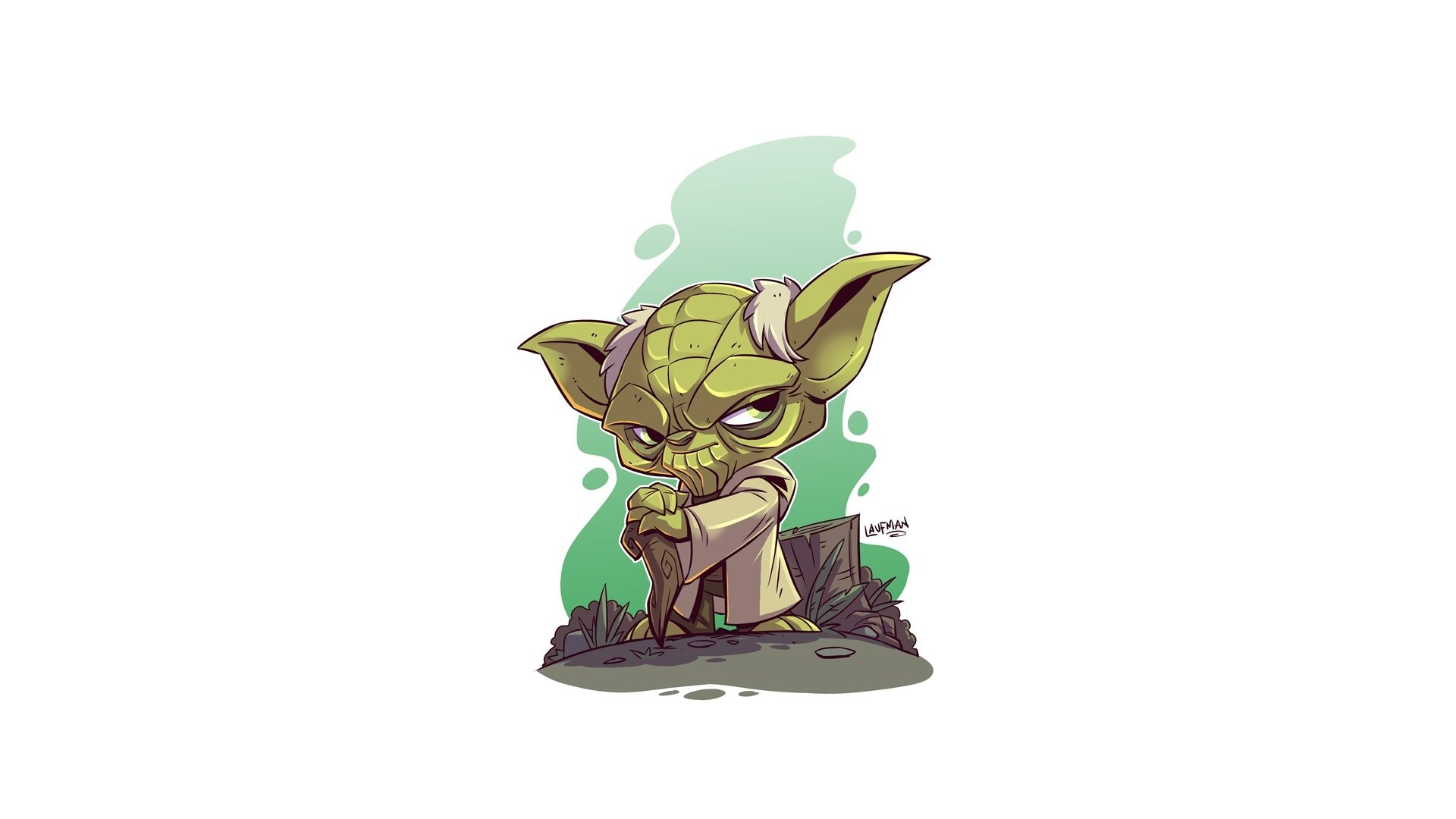HD PC desktop wallpaper featuring a stylized Yoda from Star Wars in a sci-fi themed illustration.