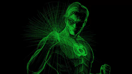 HD PC desktop wallpaper: DC Comics' comic-style Green Lantern rendered in glowing green wireframe, power ring radiating radial energy against a black background.