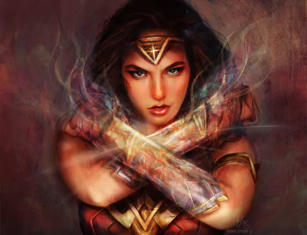 Vibrant 8K Ultra HD DC Comics wallpaper featuring Wonder Woman in a dynamic pose with glowing, crossed bracelets and intense expression.