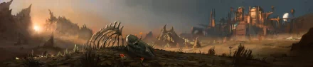 A desolate wasteland scene featuring a skull and flowers amidst ruins, evoking a sense of fantasy and decay. This HD background wallpaper captures a haunting yet beautiful landscape.
