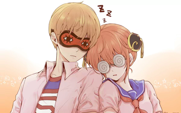 Okita Sougo and Kagura from Gintama are shown sleeping side by side, both wearing distinctive masks in this HD anime desktop wallpaper.