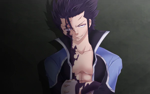 HD desktop wallpaper of Gray Fullbuster from the anime Fairy Tail, featuring him with a serious expression, dark attire, and magical markings across his body against a dark background.
