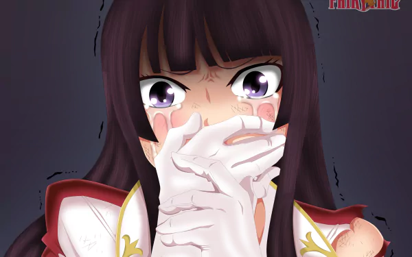 Kagura Mikazuchi from the anime Fairy Tail is shown in a close-up, emotional moment with detailed gloves and armor in this HD PC desktop wallpaper.